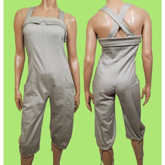 90s Y2K Cargo Jumpsuit One Piece Sleeveless Capri Length Beige Fitted Size S - Picture 1 of 13